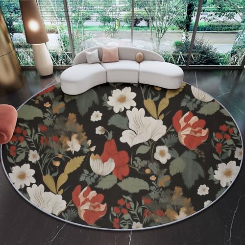 Alfombra Redonda Franela 100 cm - Vistoso Antideslizante Plegable Pelo Corto Arte Retro Floral Hojas Elegante Patrón Alfombra para Salón Cocina Dormitorio o Terraza Decorativo