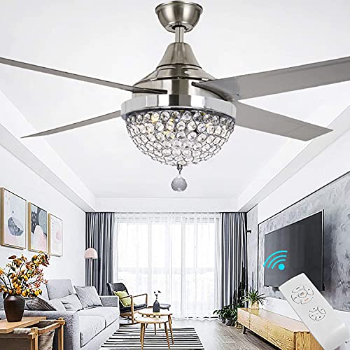 44 inches Crystal Ceiling Fan Light Fixture with Remote Control and LED Light, 44in Brushed Nickel Stainless Steel Blades Fandelier Chandelier