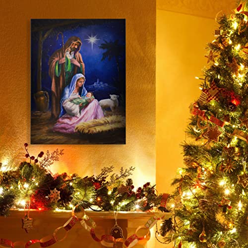 Banberry Designs 2666 Nativity Lighted Canvas Wall Art - Light Up Religious Picture Led Mary Joseph And Baby Jesus In A Manger Stable Scene Print thumb #4