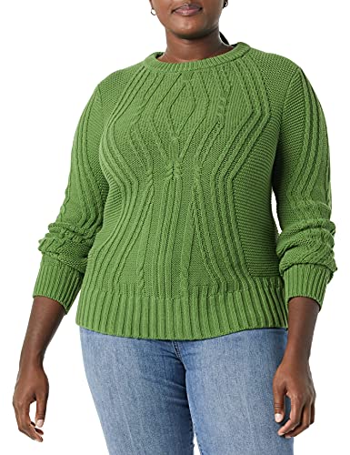Amazon Essentials Damen Pullover mit Rundhalsausschnitt und Zopfmuster aus 100 % Baumwolle, Grün, M