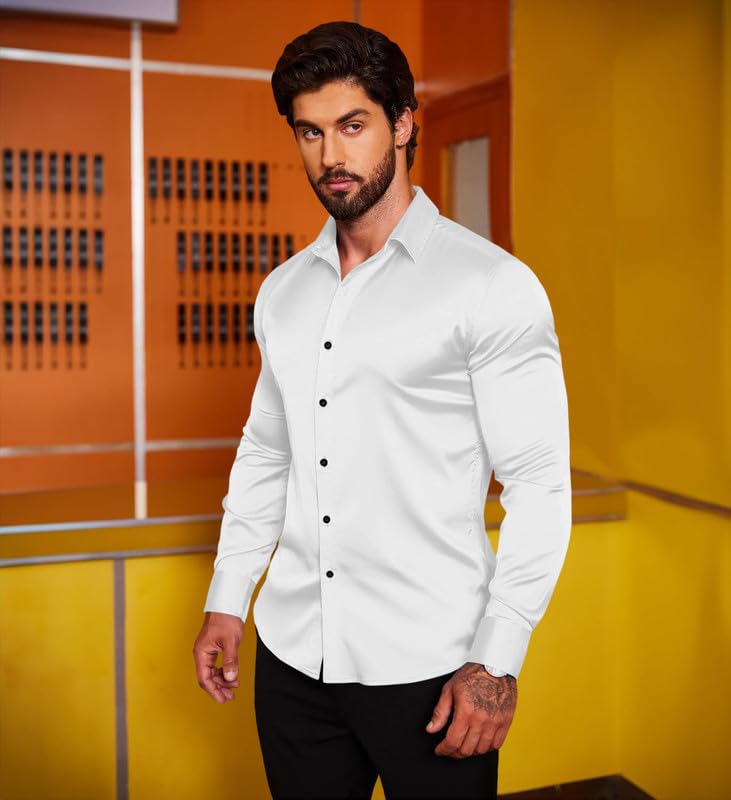 MADHAVISTA Men's White Satin Formal Shirt - Image 3