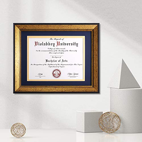 Violabbey 11X14 Diploma Frames Gold, Fits 8.5X11 Inch Certificate Or College Degree With Mat Or 11X14 Inch Without Mat, Hd Semi-Tempered Glass, Wall Or Tabletop Display (Navy Gold Double Mat) #TOP5