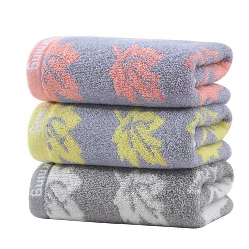 3 Pack Decorative Maple Leaf Hand Towels for Bathroom, Cotton Soft Absorbent Towel Set for Face Spa, Gym & Kitchen, 13×29 Inches (Grey Yellow Pink – 3 Pack)