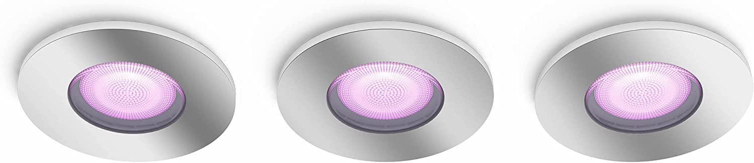 Philips Hue - Set de 3 Focos inteligentes empotrables Hue Xamento, 7W Luz Blanca y de colores, Bluetooth, Compatible con Alexa y Google Home, color cromo