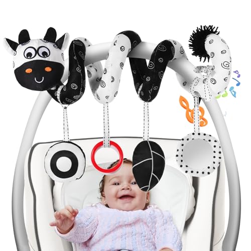 Image of FATI Spiral Black and White Baby Car Seat Toys, High Contrast Toy Hanging Toys for Carseat Activity Toys, Newborn Plush Stroller Toys for 0 3 6 9 12 Months Boys Girls Sensory Development Ideal Gift