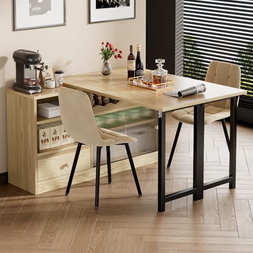 Generisch Mesa de comedor extensible plegable con espacio de almacenamiento, rotación de 360°, multifuncional como separador de espacios, mesa de exposición y aparador, color negro/natural, tablero