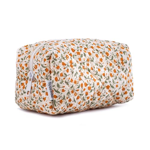LYSANDE Puffy Quilted Makeup Bag, Toiletry Tote, Cosmetics Pouch, Quilted Floral Tote, Cosmetic Bag with Orange Flowers