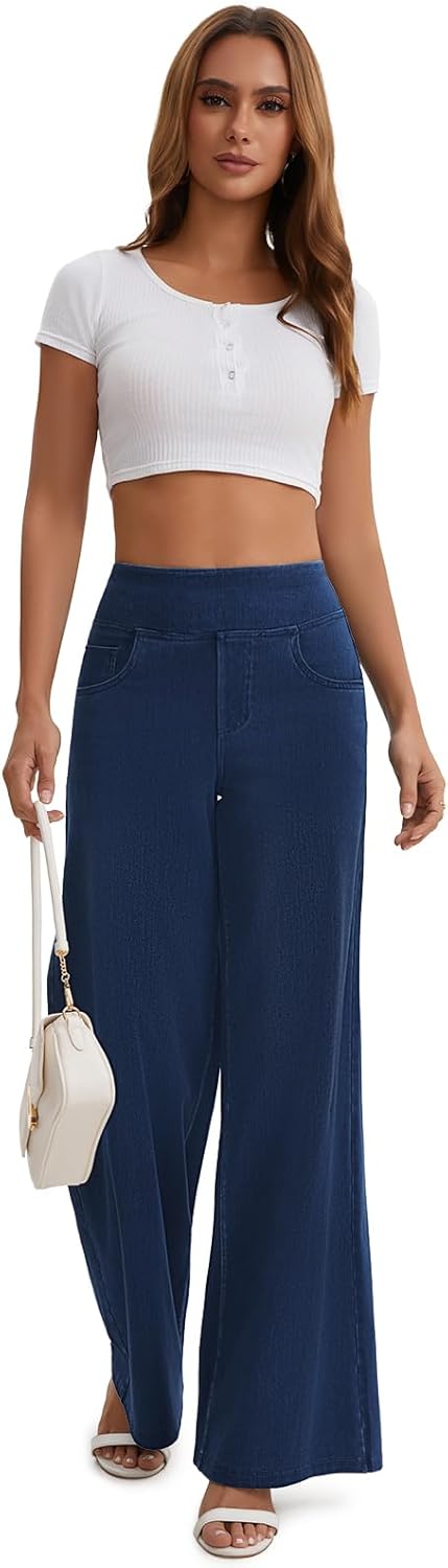 Women's Wide Leg Jeans High Waisted Pull On Baggy Jeans Stretchy Elastic Waist Sweatpant Trendy Loose Denim Pants - Image 7