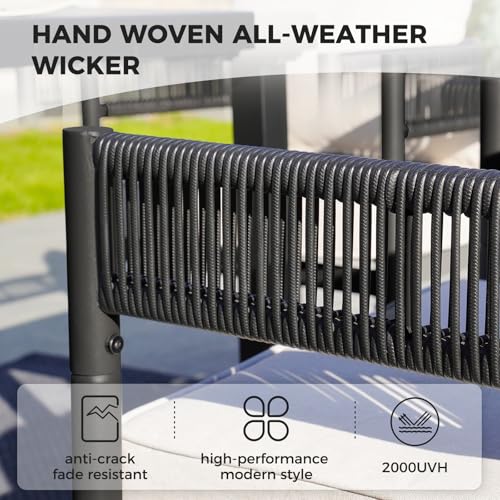 Image of Grand patio 5-Piece Outdoor Dining Set for 4, Metal Woven Wicker Fixed Patio Chairs with Thickened Cushions & 1 Square Woodgrain Dining Table with Umbrella Hole for Backyard Deck (Black)