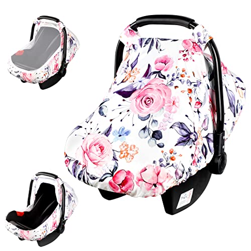 Image of Floral Infant Car Seat Canopy with Peep Windows and Breathable Mesh, Kick-Proof, Soft Stretchy Baby Car Seat Cover for Newborns, Pink