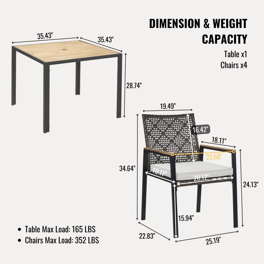 5-Piece Patio Dining Table Sets, Acacia Wood Table Top with Umbrella Hole, Rattan Outdoor, Coffee Brown Color (Dark Brown + Acacia Wood + Steel + Wicker + American Design + American Traditional)