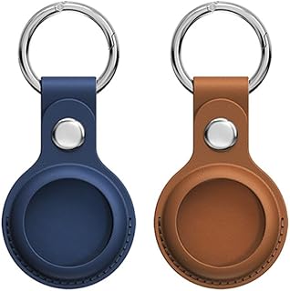 AirTag Keychain for Apple Airtag Holder 2 Pack Protective Leather Airtags Case Tracker Cover with Air Tag Holder Airtag Key Ring Compatible with Apple AirTag Dog Collar Blue/Brown