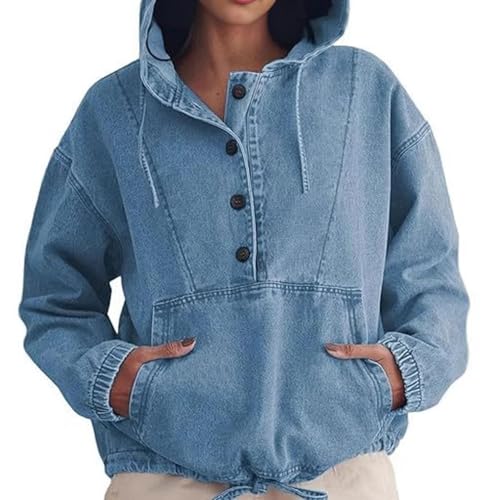 Women’s Denim Hoodie Jacket Lightweight Jean Pullover Casual Long Sleeve With Pocket Drawstring Hood Sweatshirt 20252