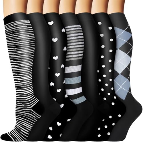ACTINPUT Kompressionsstrümpfe Damen und Herren,7 Paar Kniestrümpfe Stützstrümpfe Kompressionssocken medizinische Compression Socks trombosestruempfe klasse 2(7102 - Schwarz,S-M)