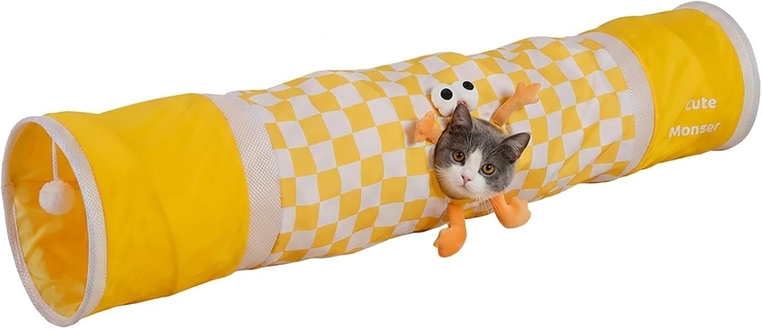 Suede Cat Tunnel for Indoor Cats, 10" Large Collapsible Tube Bed with Ball & Peek Hole, Soft Straight Play Cave for Kitten, Puppy, Rabbit, Small Dog(Yellow,10 * 31.5in)