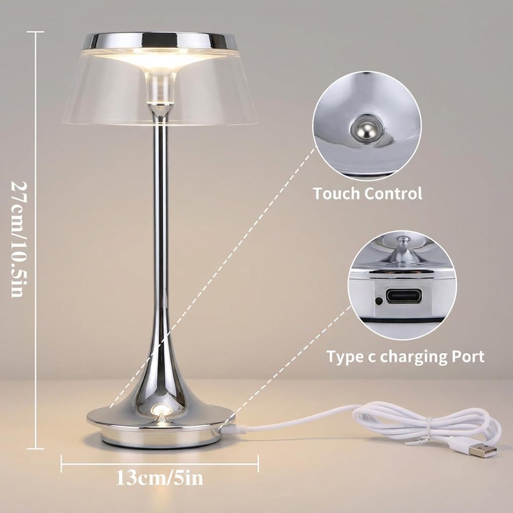 LED Tischlampe Pilz Kabellos Akku Pilzlampe Dimmbar Touch Control Tischleuchte USB Aufladbar Batteriebetrieben Pilzlampe Innen und Außen Tragbare Mushroom Lampe Chrom Nachttischlampe,Silber