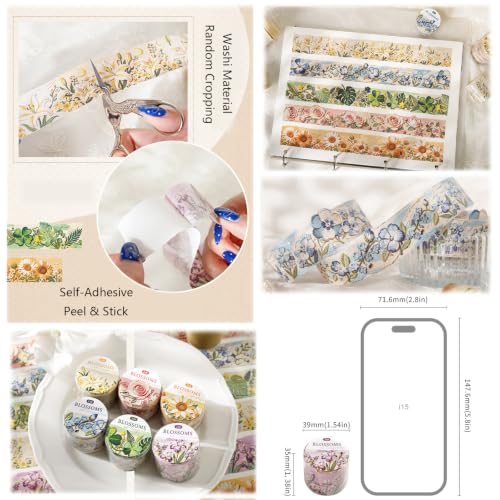 Image of Flower Washi Tape Set,6 Rolls Floral Aesthetic Tape Stickers for Scrapbook