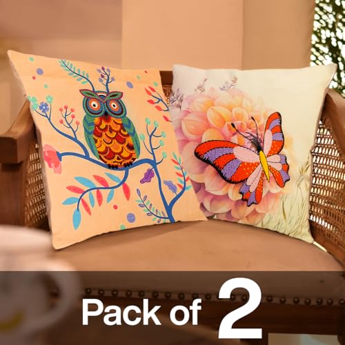 Image of picknMAKE Pack of 2 DIY Cushion Cover Hand Embroidery Kit for Beginners & Adults - Owl & Butterfly Medley | 16 inchx16 inch Cross-Stitch Pillow Covers with Digitally Printed Fabric, Threads, Hoop & More