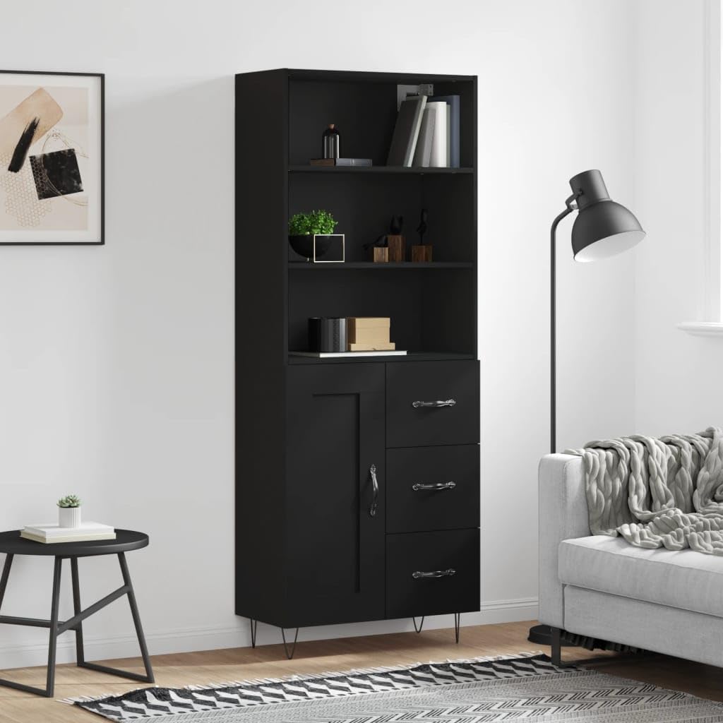 Wysoki kredens czarny sklejka wysoka kredens z metalowymi drzwiami i nogami do organizacji domu 69,5x34x180 cm