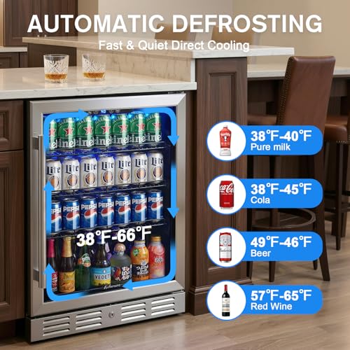 Image of Kalamera 24 Inch Beverage Refrigerator, 164 Cans Under Counter Mini Fridge | Beverage Cooler, Built-in / Freestanding Drink Fridge with Glass Door & Adjustable Shelves for Home Kitchen Office Bar
