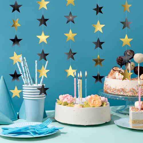 Image of Star Garland, Black Gold Star Garland Banner, 5PCS 66 Feet Double Side Star Hanging Bunting Banner Backdrop Little Star Paper Hanging Decor for Birthday Baby Shower Christmas Party Decorations