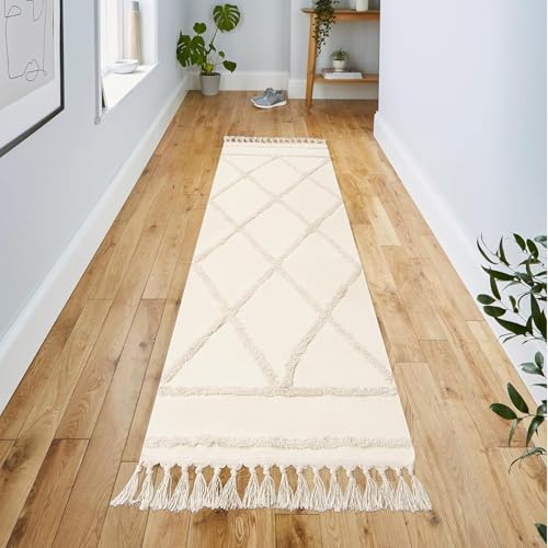 INKAROBOX Alfombra de pasillo bohemia beige con mechones de algodón con borlas tejidas, alfombra lavable para baño, cocina, salón, dormitorio, pasillo, comedor (beis, 180 x 60 cm (rectangular))