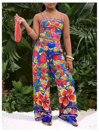 Image of Floerns Girl's 2 Piece Outfit Hawaiian Tropical Crop Cami Tops and Boho Pants Set