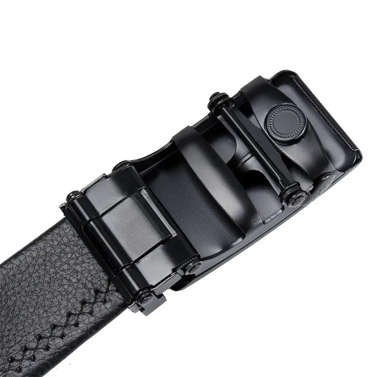 Image of Men's Black Leather Formal Belt, Automatic Grip Buckle, Adjustable Waist Strap, Free Size