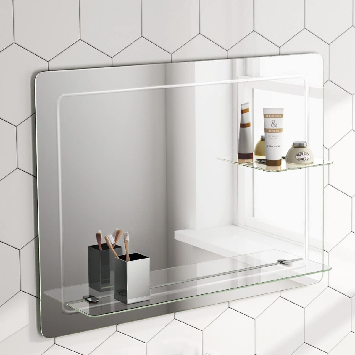 Nes Home Lawrence 800 x 600 Round Corner Mirror with Double Glass Shelf