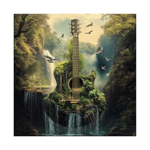 Guitar Forest Nature Puzzle 1000 Piezas para Adultos, Puzzle de Paisaje con Cascada Musical, Bosque, Aves y Plantas miniatura 1