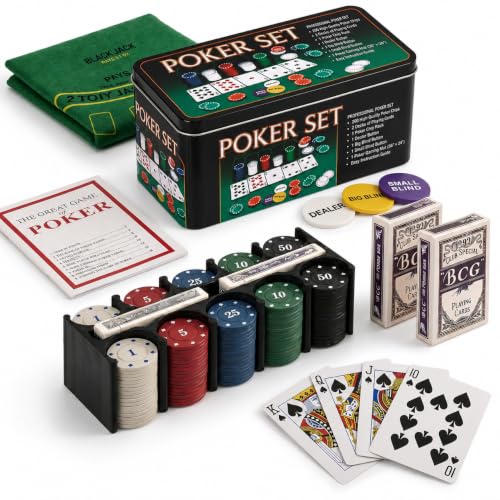 Image of Adult Casino Style Poker Chips Set | 200 Pcs Chips with Tin Case, 2 Decks of Cards, Dealer Button, Big & Small Blind Buttons and 36 inch x 24 inch Playing Mat | Classic Multiplayer Poker Game