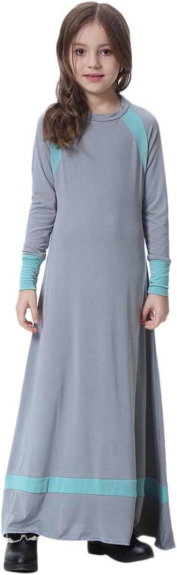 Kids Girls Muslim Islamic Dress Long Sleeves Soft Full Length Robe Burka Arab Prayer Maxi Abaya Kaftan Dress,Grey,L
