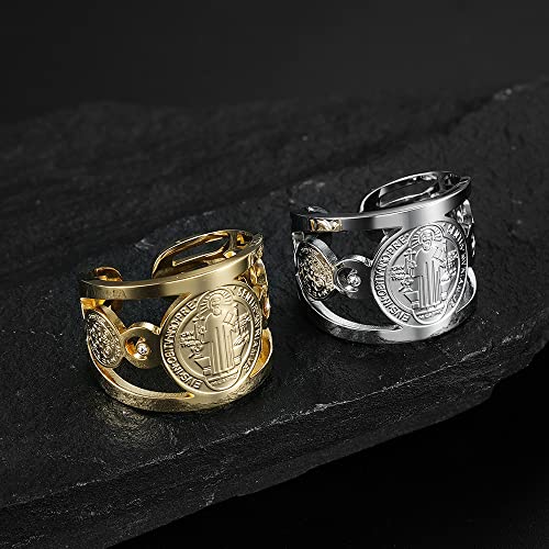 Men's St Benedict Rings Stainless Steel Saint Exorcism Ring Christian Jesus Catholic Roman Cross Demon Protection Cubic Zirconia Ghost Hunter Open Adjustable Finger Rings For Men Women Boys Fashion Gifts Bff Birthday Father's Day Wedding Engagement Jewelry (Silver) #TOP2