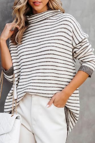 Women's Chic and Classic Khaki Striped Turtleneck Loose Sweater2
