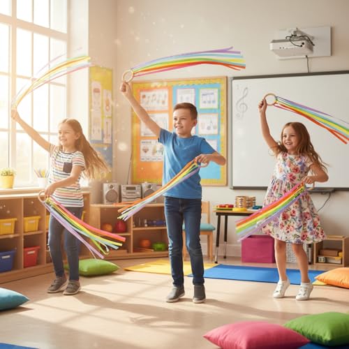 Image of Junkin Ribbon Rings Hand Kite Waldorf Toys Dancing Wrist Ribbons Rainbow Streamers with Wood Ring Educational Toy for Playroom Dancing Birthday Party Gift(Fresh,24 Pcs)