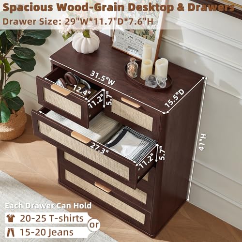 Image of LEYAOYAO Rattan Dresser for Bedroom Set of 2, 41 inch Tall Chest of Drawers, Modern 6 Drawers Boho Dressers with Storage, Vintage Brown Dresser Wooden Closet Organizer for Living Room, Hallway