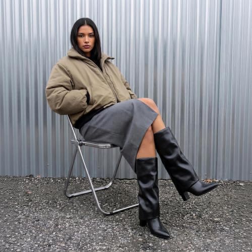 Image of Knee High Boots Women Fold Over Boots Chunky Heel Pointed Toe Tall Boots | Fashion Slouchy Boots,Side Zipper Shark Boots,Fall Spring Winter Fashion Dress Tall Boots,Evening Bridal office Long Boots