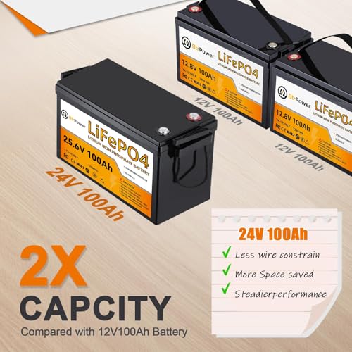Image of 24V 100Ah LiFePO4 Battery, Built-in 100A BMS,2560Wh Lithium Battery,4000-15000 Deep Cycles & 10-Year Lifetime, Perfect for Marine, RV, Marine, Trolling Motor, Solar Off-Grid System