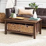 Walker Edison Alayna Mission Style Two Tier Coffee Table with Rattan Storage Baskets, 40 Inch, Dark Walnut