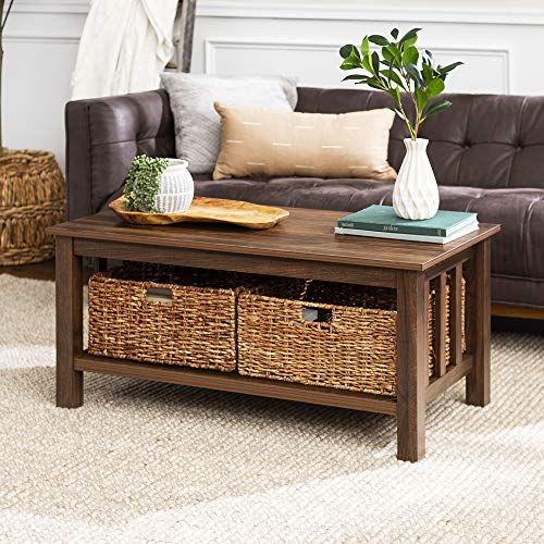 Walker Edison Alayna Mission Style Two Tier Coffee Table with Rattan Storage Baskets, 40 Inch, Dark Walnut