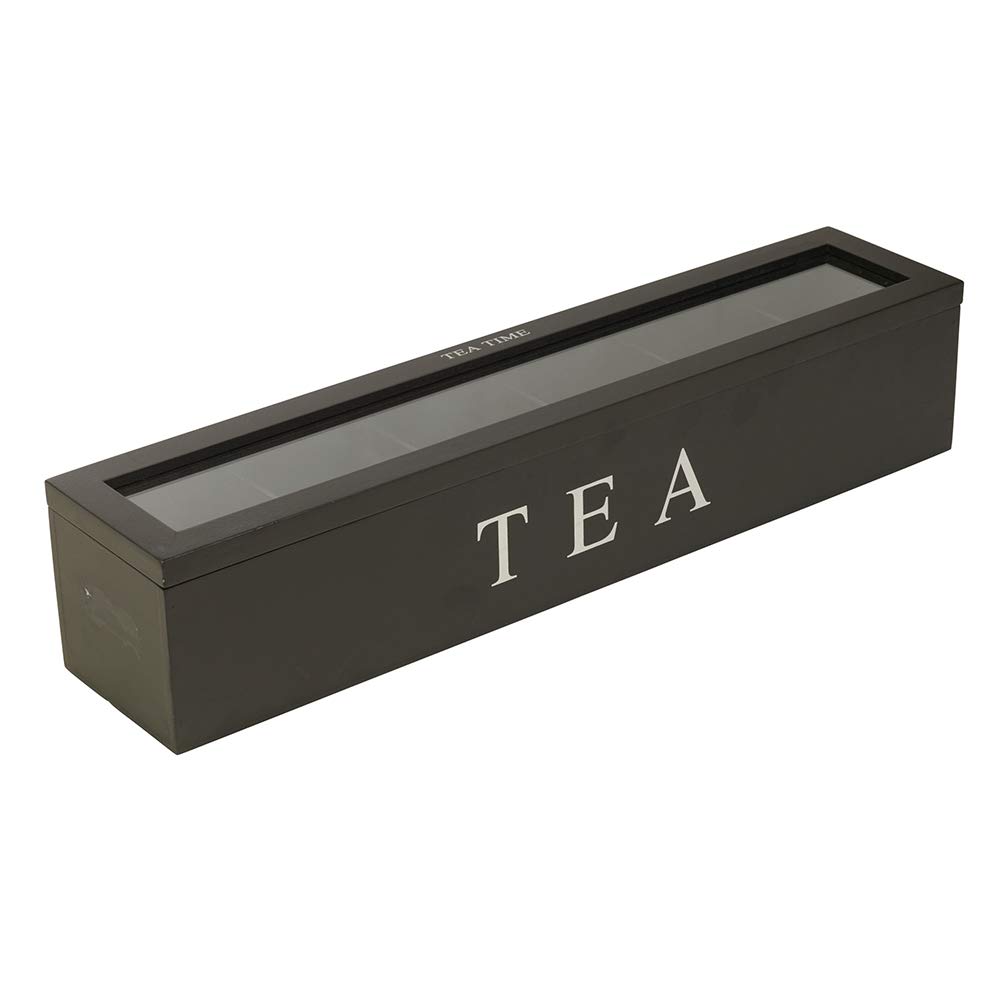 Tea Box Storage Organizer, Tea Bag Holder with Clear Acrylic Window Wooden Finish Tea Storage Organizer for Coffee Tea Sugar Sweeteners Creamers Drink Pods Packets (Black)