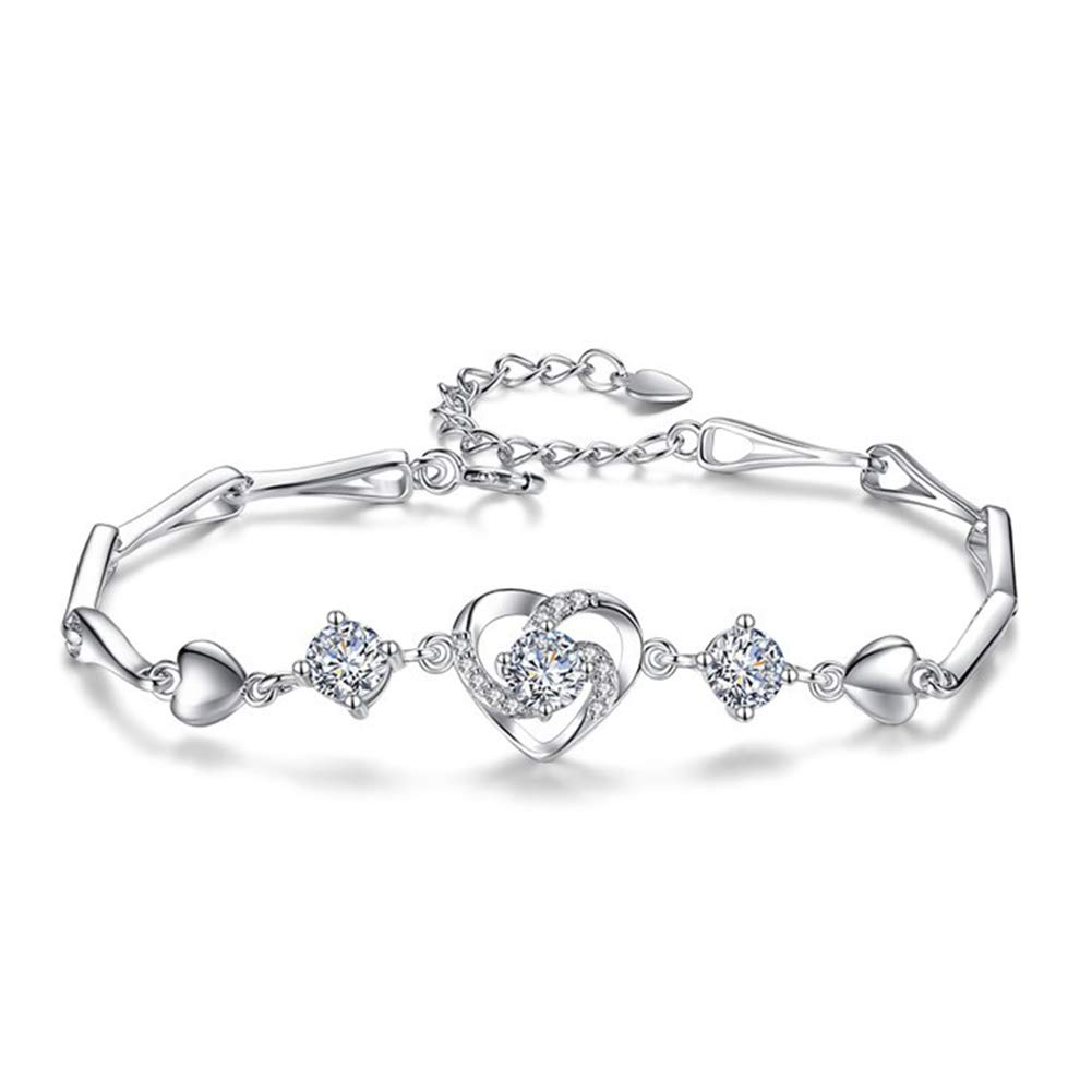 Pulsera de Plata con Cristales de corazón para Mujer, Pulsera de Plata Ajustable con dijes, 20 cm / 8 Pulgadas