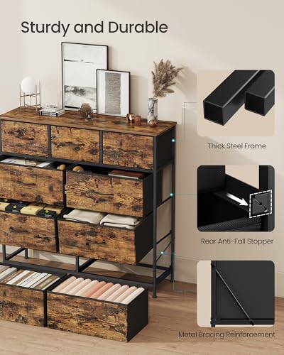 Image of SONGMICS BELLAH Collection - Dresser for Bedroom, Chest of Drawers, Storage Organizer Unit, Closet, Entryway, Steel, 9 Drawers, Industrial, Rustic Brown and Ink Black ULGS324B02S