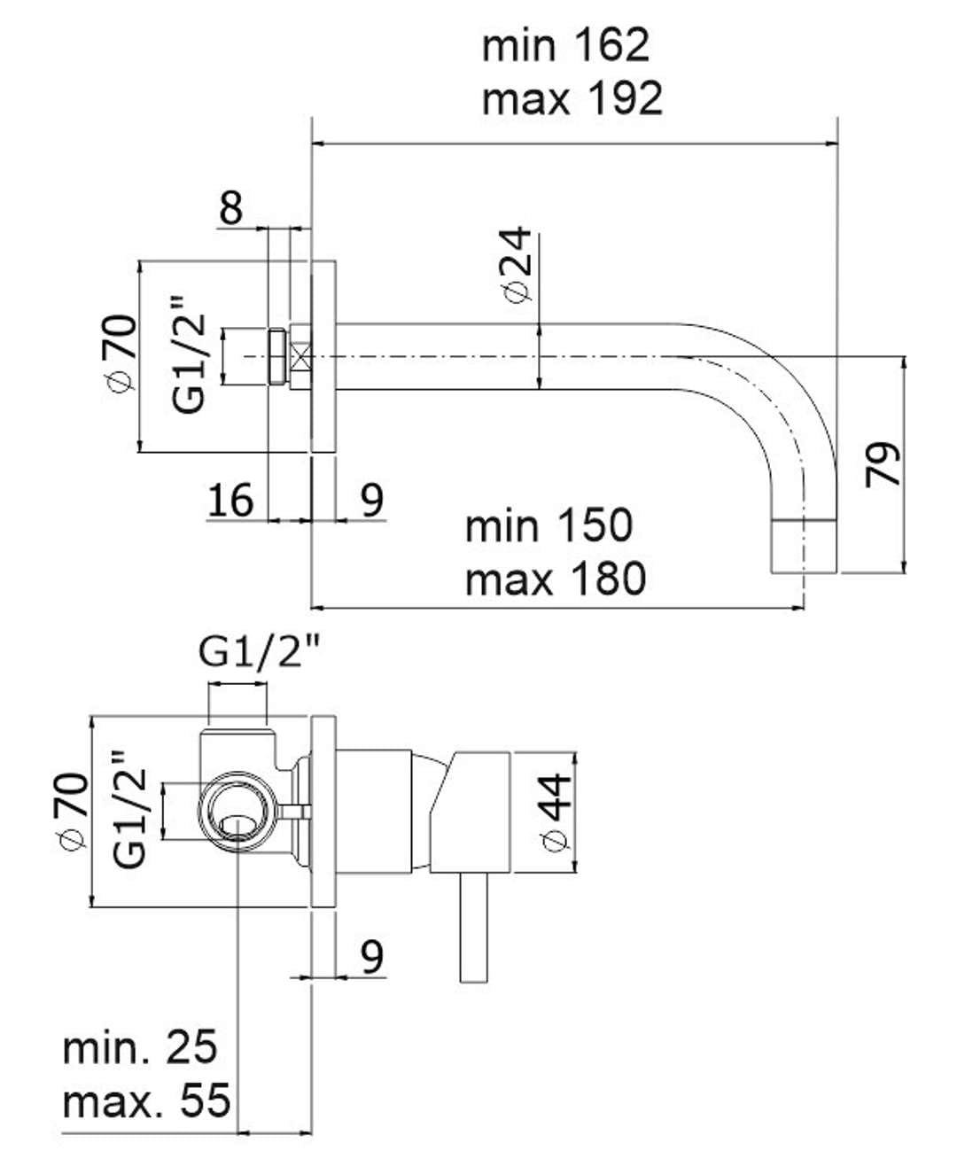 SK006CR70 Podtynkowy bateria umywalkowa z aeratorem l.175 m STICK PAFFONI