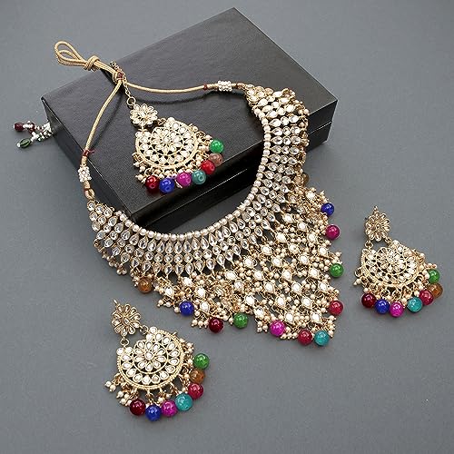Image of Peora Kundan & Beads Studded Necklace Earrings & Maangtikka Set Ethnic Jewellery for Women & Girls