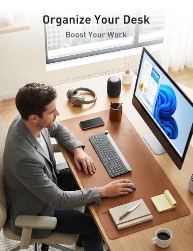 Image of Aothia Faux Leather Desk Mat - Non-Slip PU Leather Desk Blotter, Waterproof Writing Surface, Large Desk Pad for Office & Home (Brown, 55 inch x 17 inch)