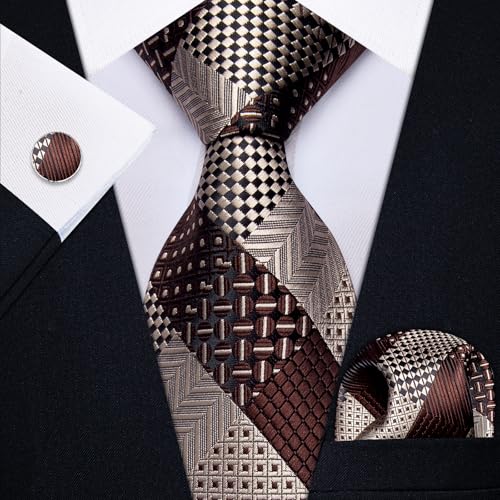 Image of Striped Plaid Ties for Men Silk Formal Necktie Set | 3.15 inch(8cm) Woven Jacquard Mens Ties with Necktie Pocket Square Cufflink Tie Clip Lapel Pin for Wedding Business Party