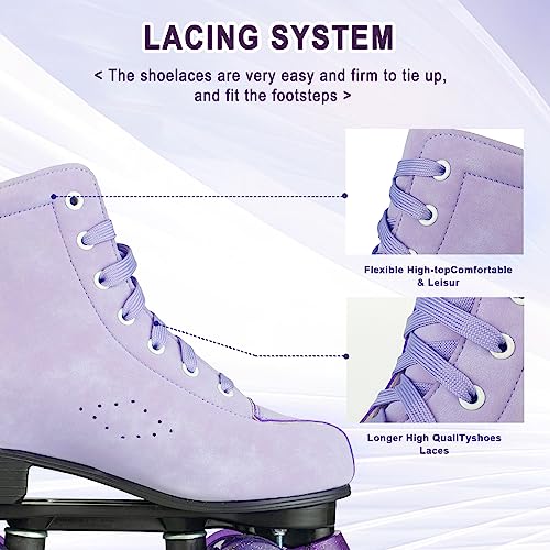 Silvertree Roller Skates and Men PU Leather High-top Adult Roller Derby Skates Wheels Light Up Roller Skates Four-Wheel Shiny Roller Skates for Girls Boys Unisex,Light purple,Imitation super fiber by SilverTree - Used condition - Image 7