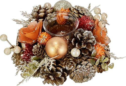 Natur-Teelichthalter aus Trockenblumen Zapfen Christkugeln Beeren mit...