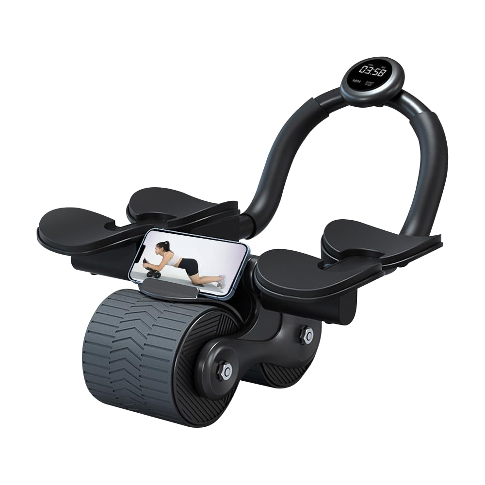 Ab Roller Wheel with Elbow Support, Automatic Rebound Abdominal Wheel, Muscle Equipment with LCD Display, Timer, Plank & Abdominal Exercise Equipment for Home Fitness Gym Use (Black)